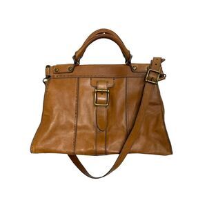 FOSSIL Vintage Revival Leather Satchel Messenger Bag Crossbody Brown Key Charm